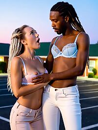 Old black man with dreadlocks stares at young blonde woman in lingerie